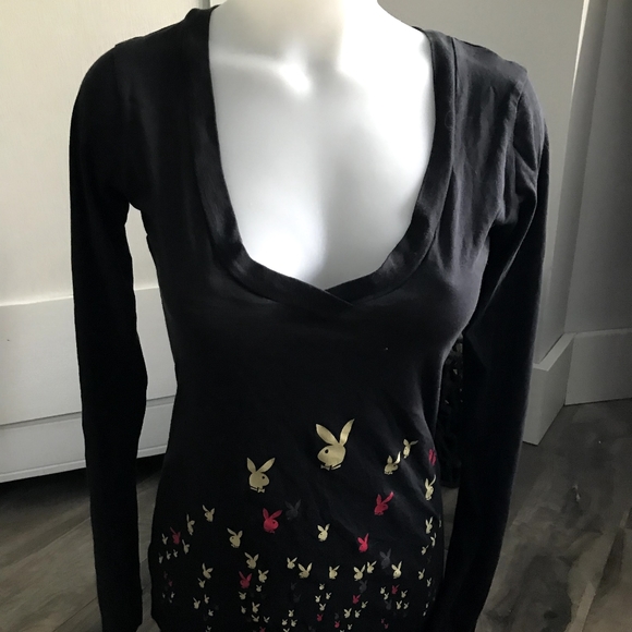Playboy Black Long Sleeve Top Bunnies Women Size M - Picture 1 of 6